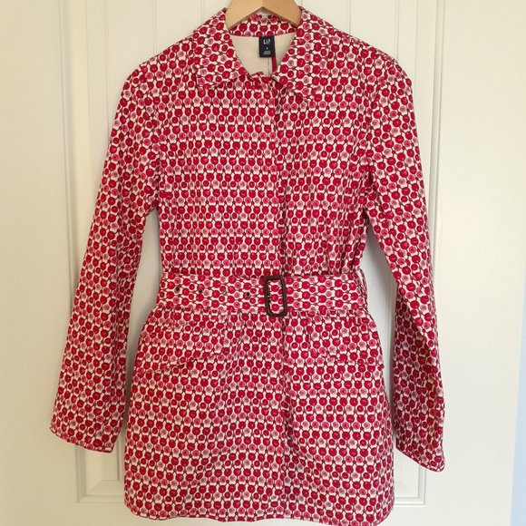 Gap Tulip Print Button Front Coat With Self Belt Red Pink Size S - Picture 1 of 16